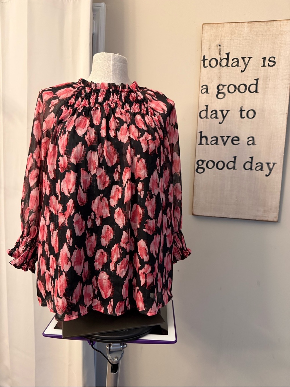 entro Black Blouse with Pink Floral Smocked Neck size small like new